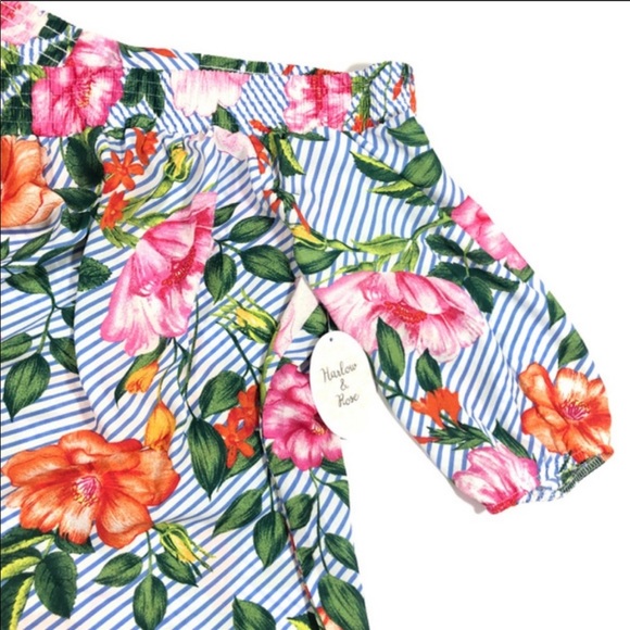 SOLD Harlow & Rose Blue Striped Floral Shoulder Top - Picture 9 of 11